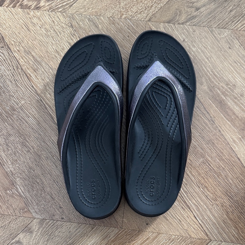Black and Metallic Flip Flops by Iconic Crocs Comfort